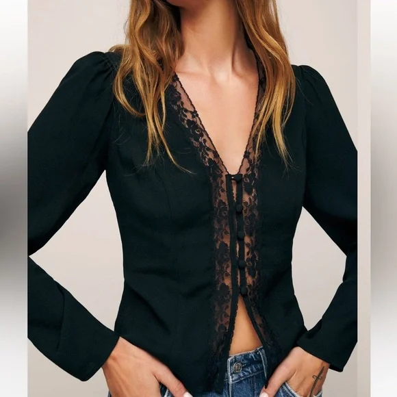 Reformation Black Lace-Trim Tie Front Blouse - Picture 2 of 8